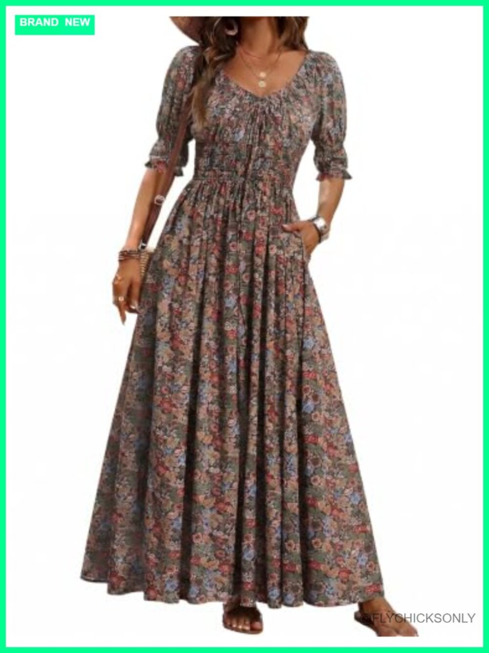 Boho Floral Puff Sleeve Maxi Dress with Pockets
